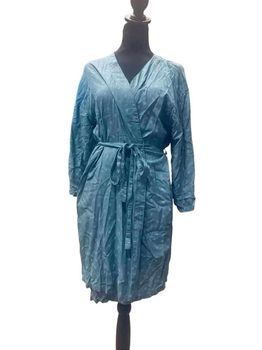 LC Lauren Conrad Teal Wrap Robe White Floral Print Rayon Long Sleeve Size Large